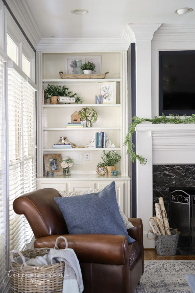 Hale Navy Living Room with White Built-In Bookcases