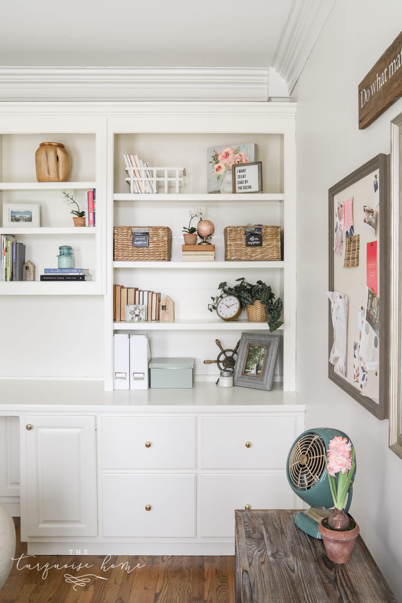 Feminine Home Office with white built-ins