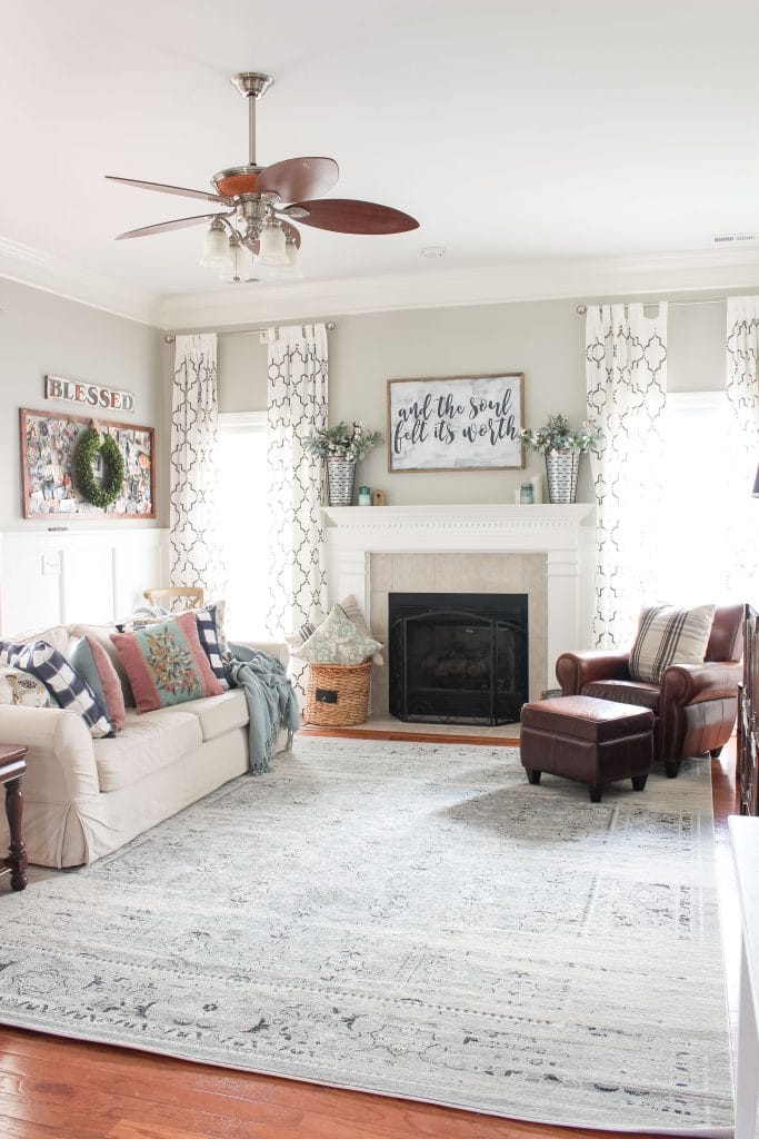 Farmhouse Living Room with blue rug