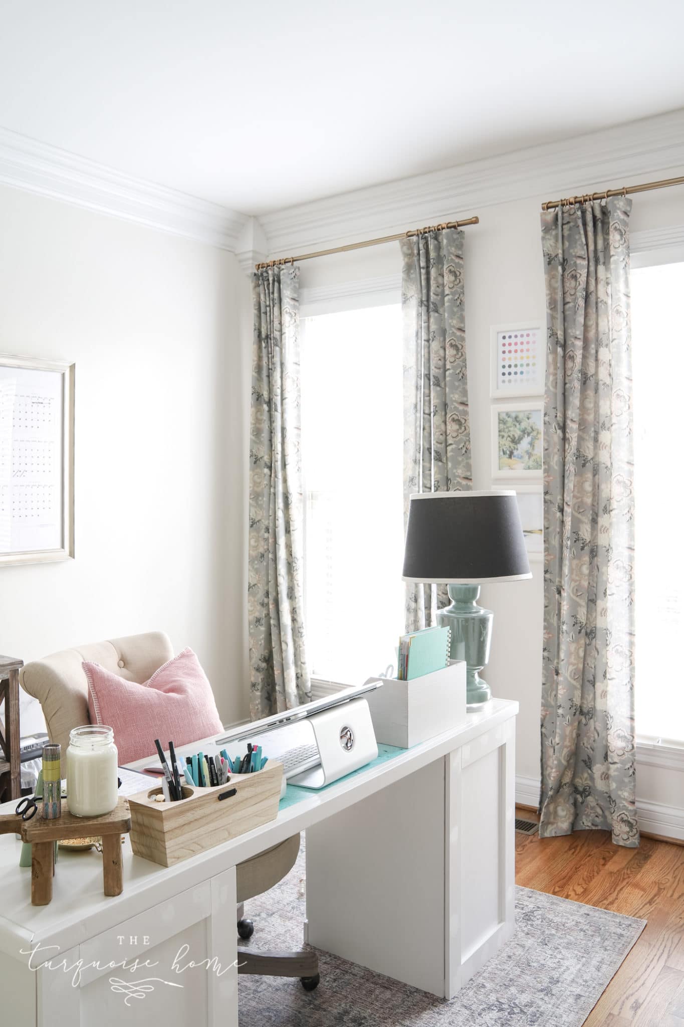 Feminine Office with Gray and Blush Curtains