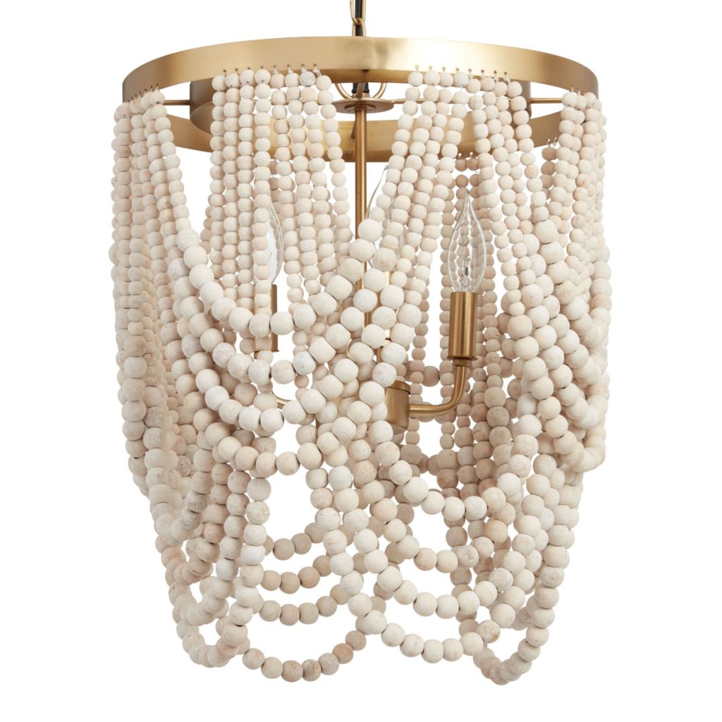 Beaded chandelier with white beads and a gold rim