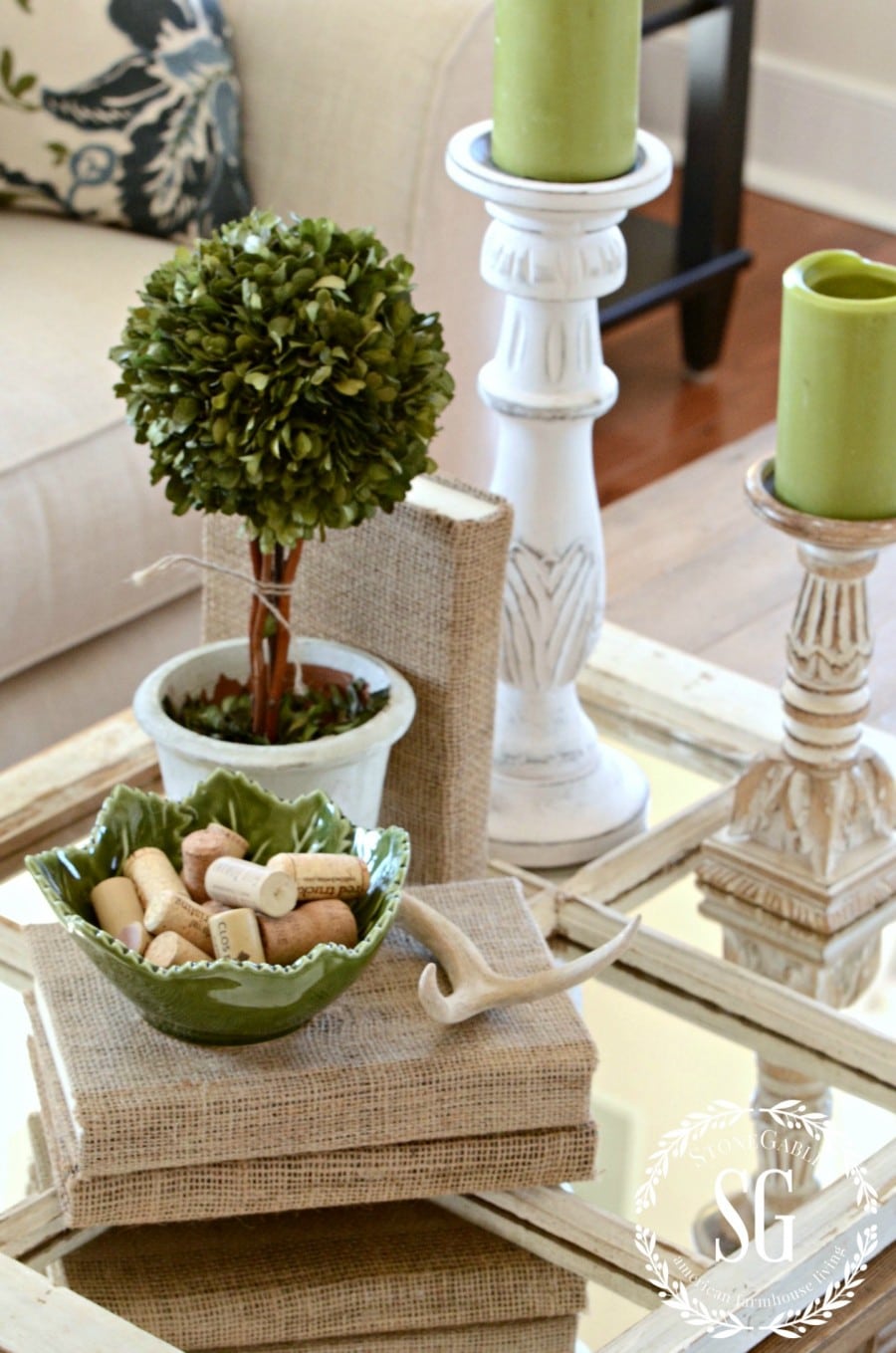 coffee table with trinkets, a plant and books wrapped in burlap