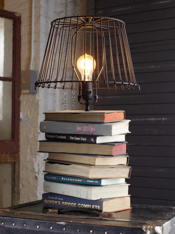 a stacked book lamp