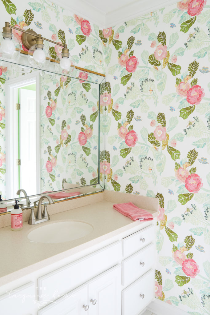 floral wallpaper in girls bathroom