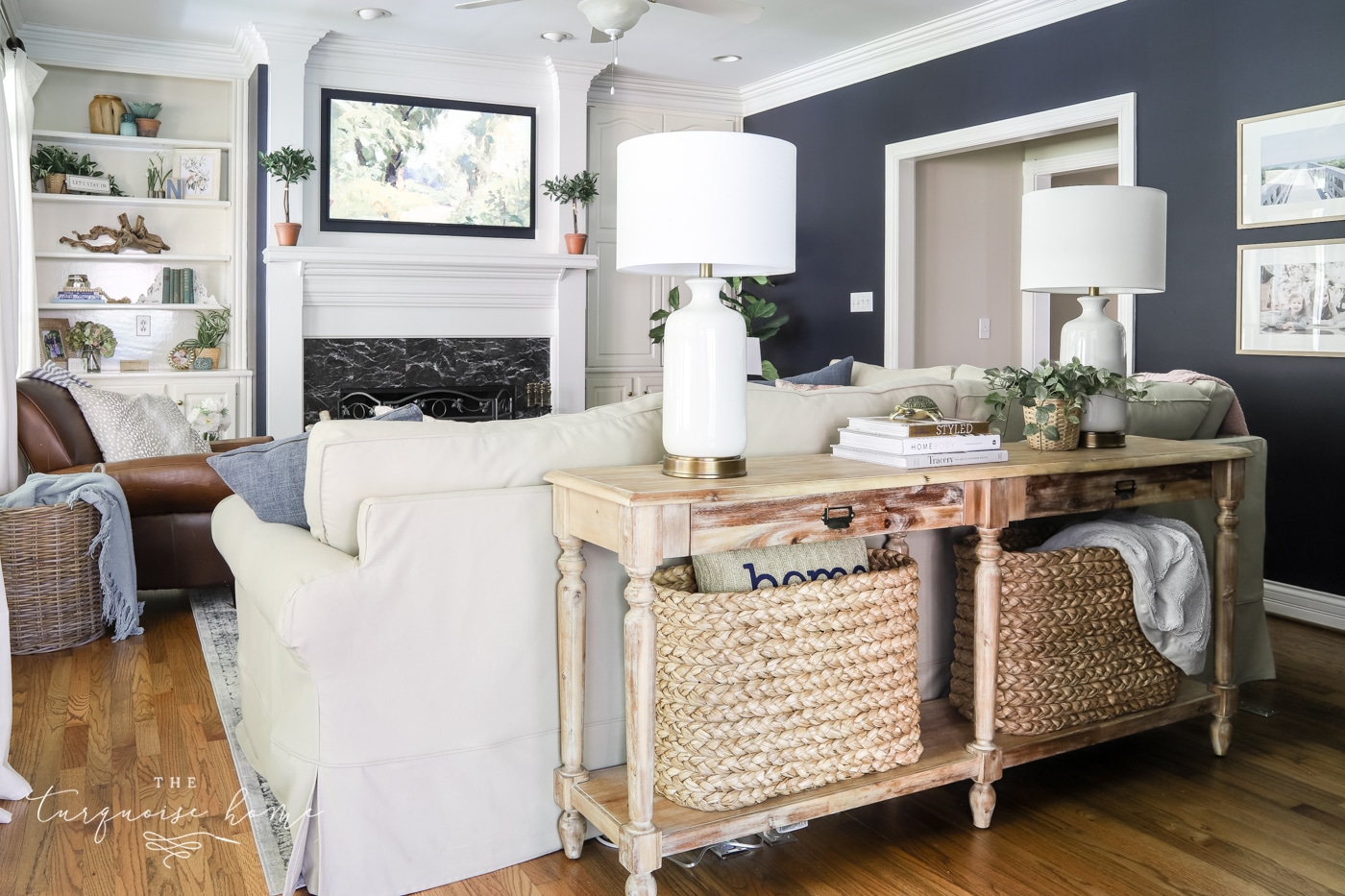 Navy Living Room with Wood Tones