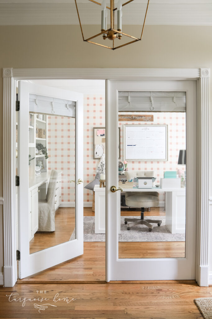 Pretty Feminine Office with DIY Plaid Wall