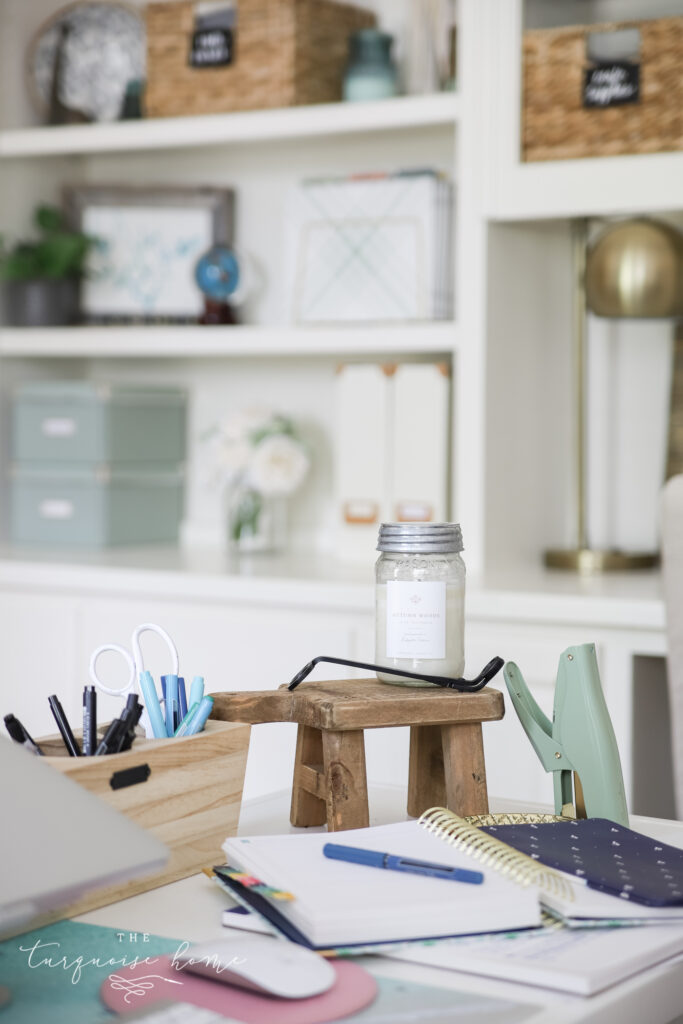 Office Supplies in a Blush and Brass Home Office