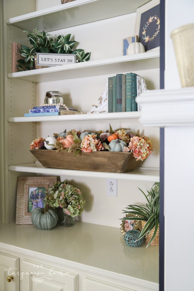 Built-in Bookshelves with Fall Decor