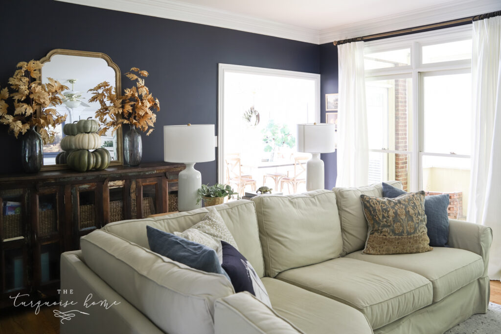 Fall living room with navy walls