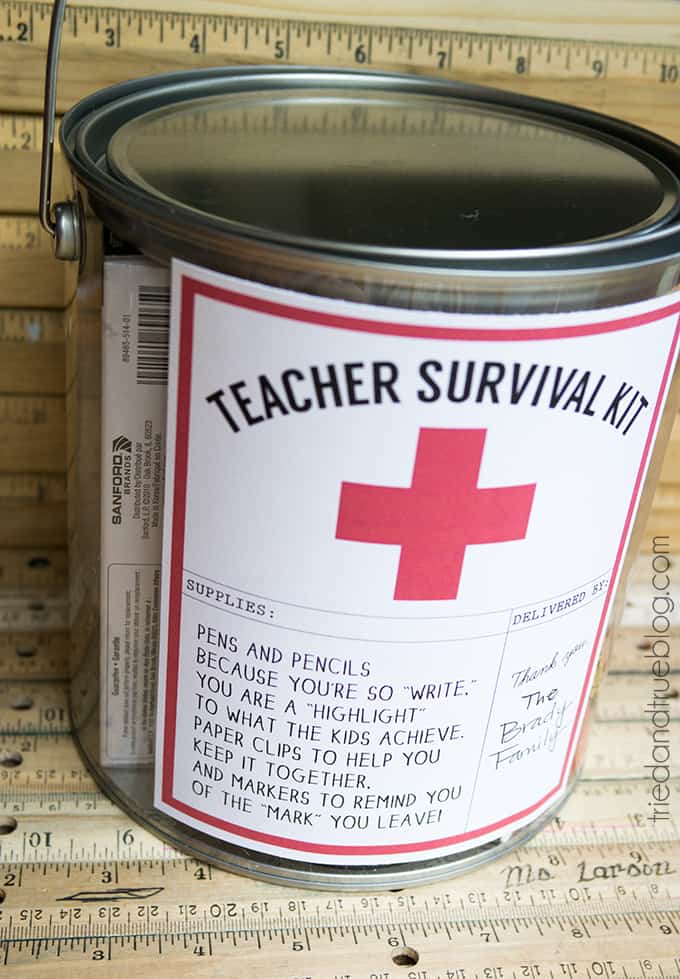 Teacher survival kit in decorative paint can with free printable label.