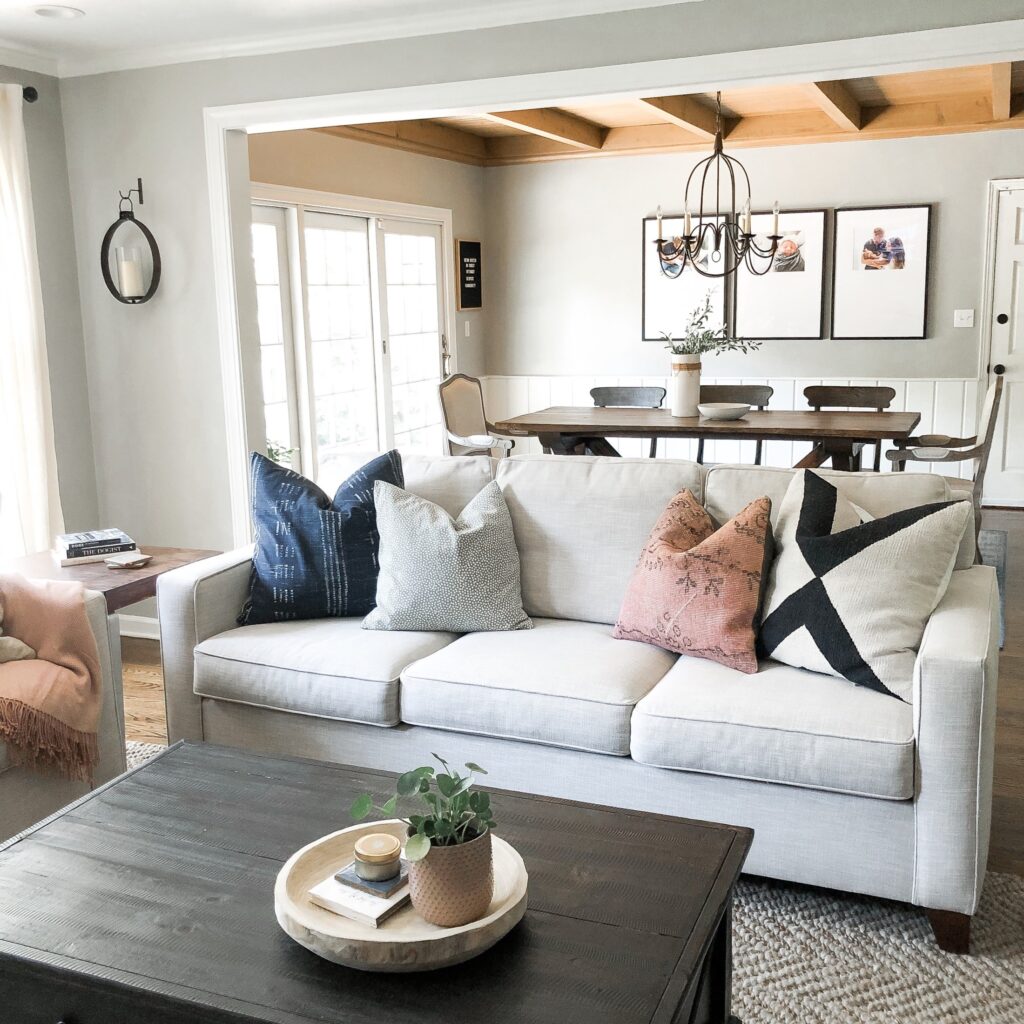 Cozy living room with soft, neutral colors, white trim and walls in Mindful Gray/