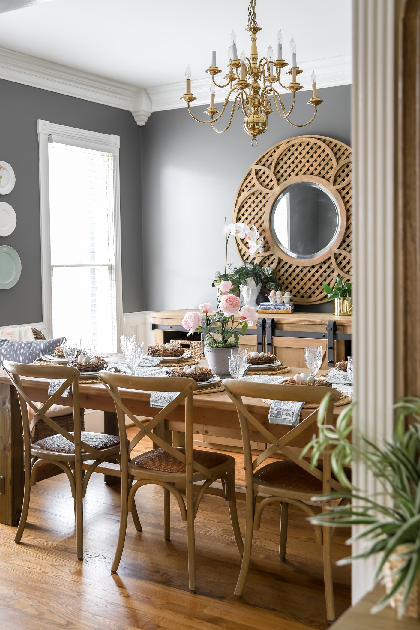 Gray Dining Room with Spring Table Decor