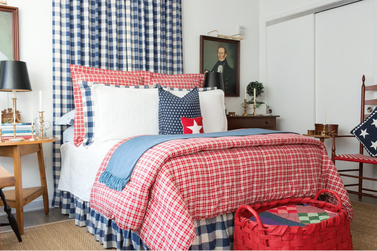 Americana Bedroom with Drapes Behind Bed