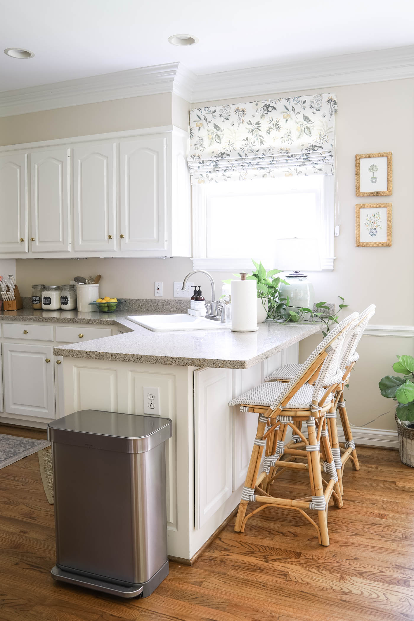 kitchen with rattan counter stools.