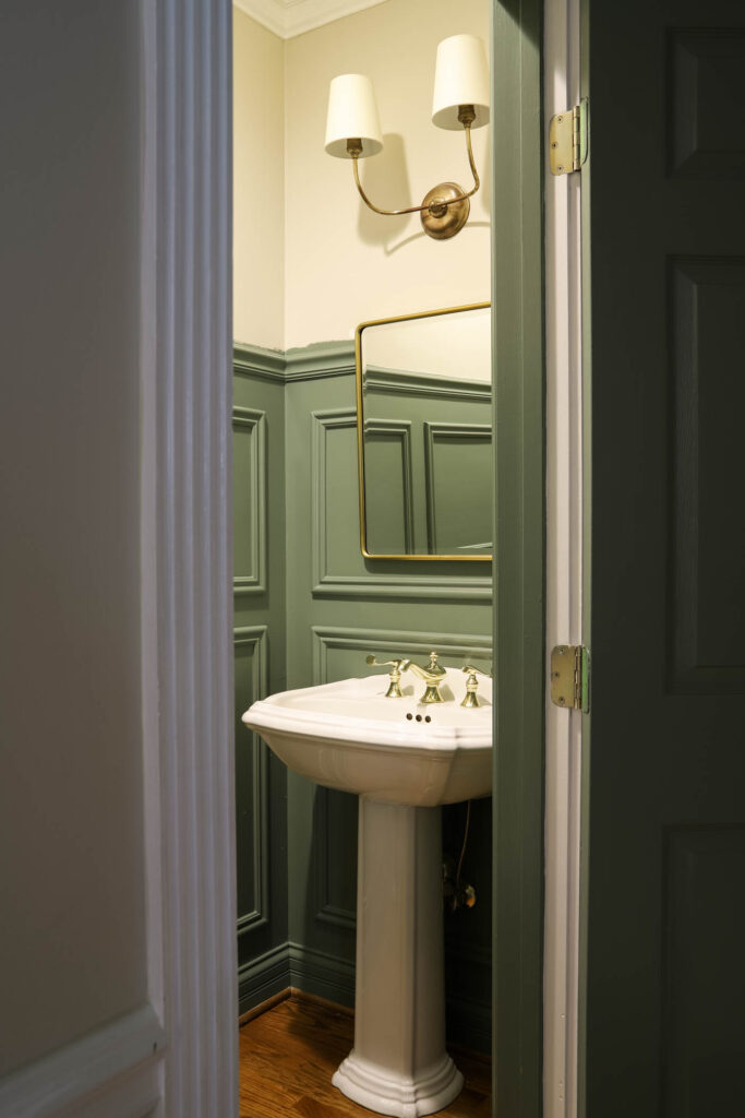 Caulke Green Powder Room with Picture Frame Moulding