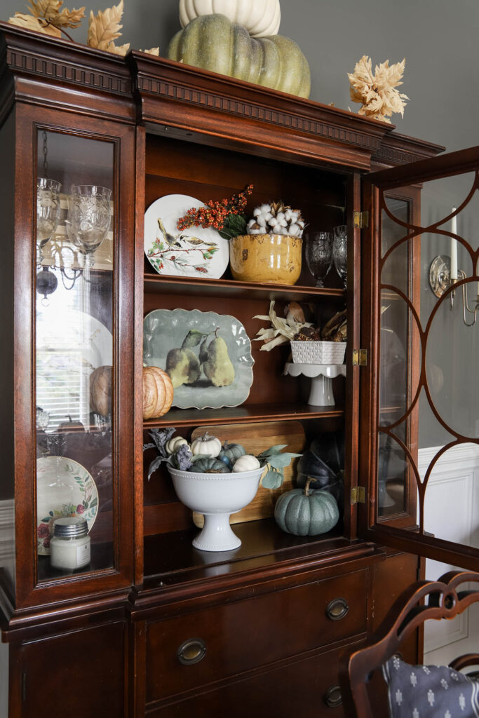 Pear Platter and Fall Decor in China Cabinet