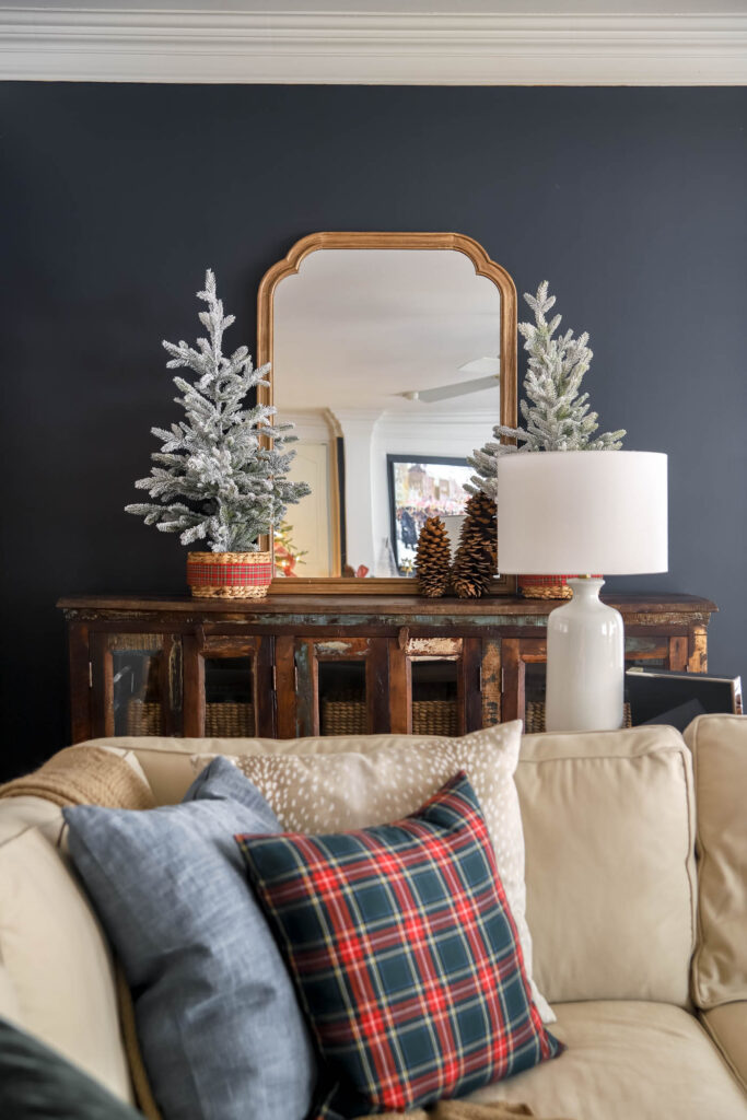 Navy Living Room with Christmas Decor