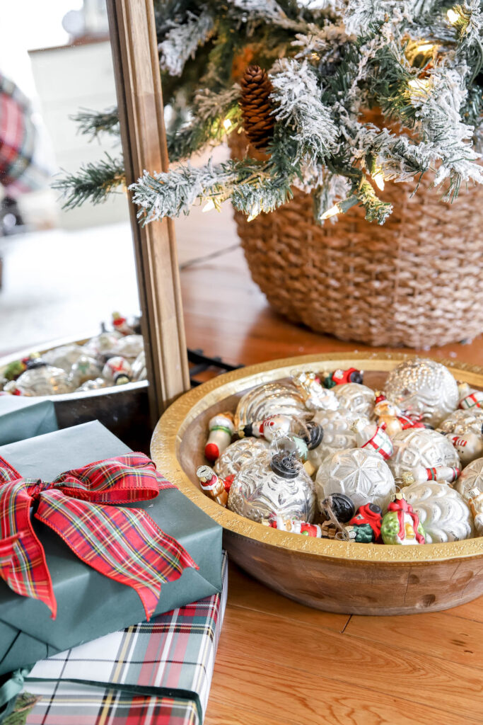 ornaments in a bowl under a tree