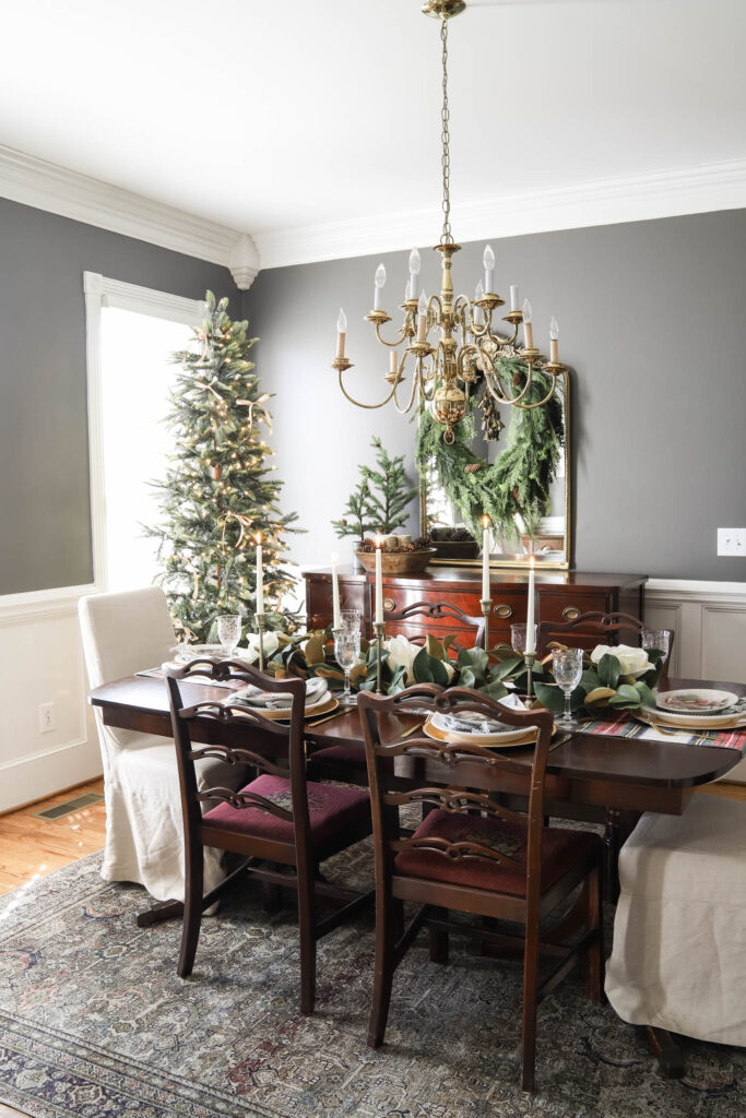 Gold and Greenery Christmas Dining Room