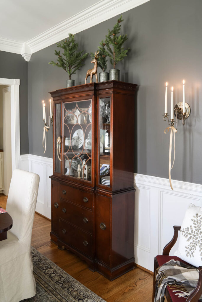 Christmas China Cabinet in a Gray Dining Room