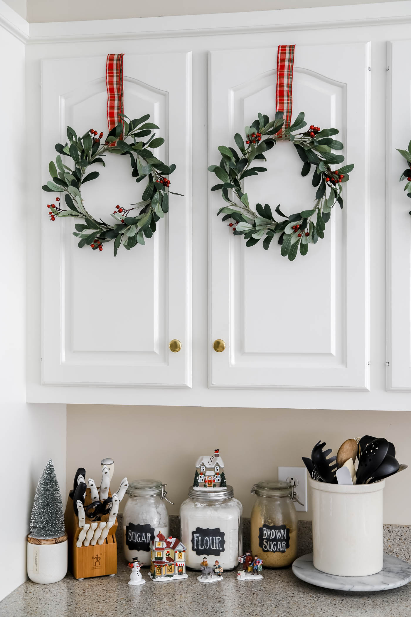 Wreaths on Cabinet Doors for Christmas