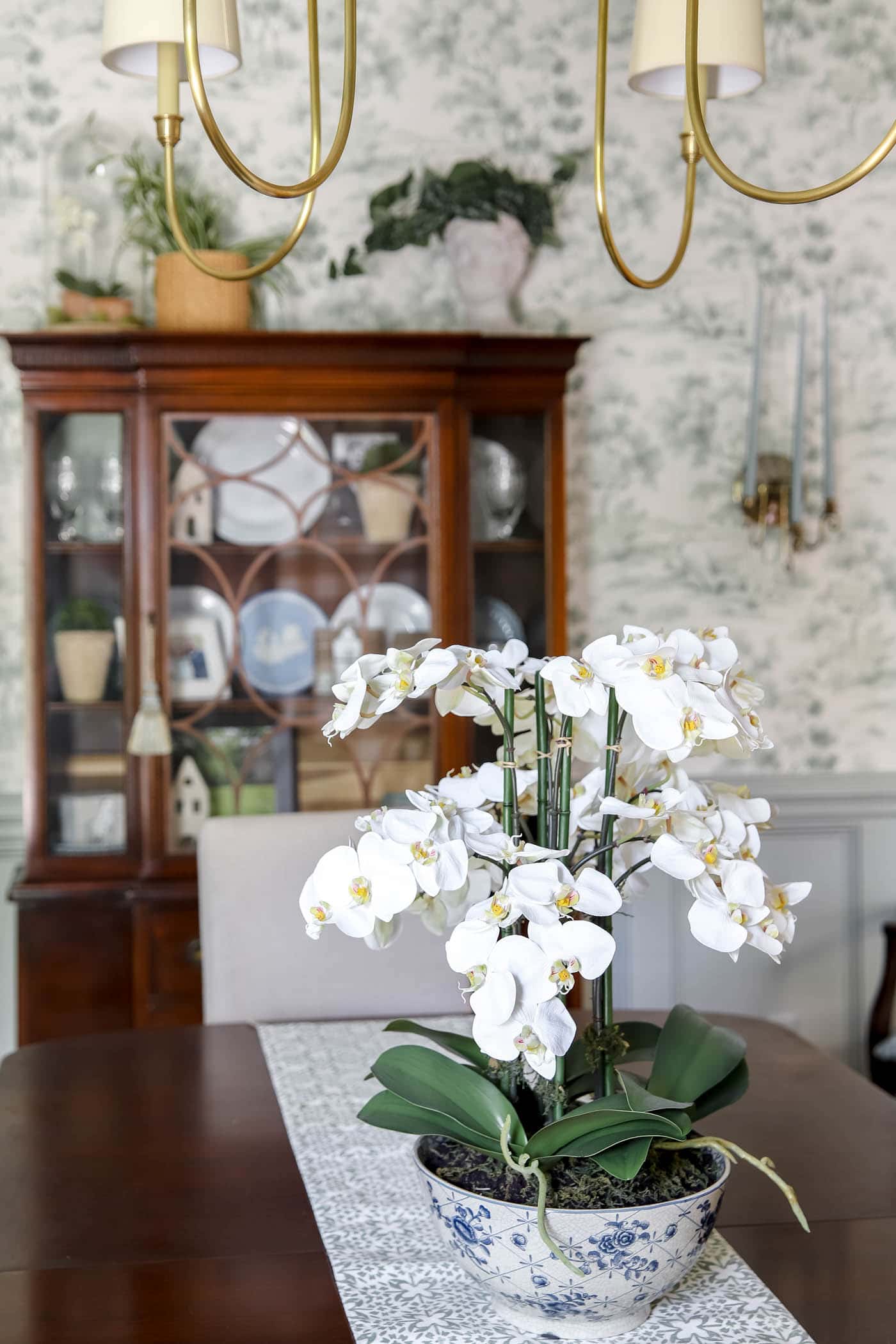 Faux Orchids in Blue and White Bowl