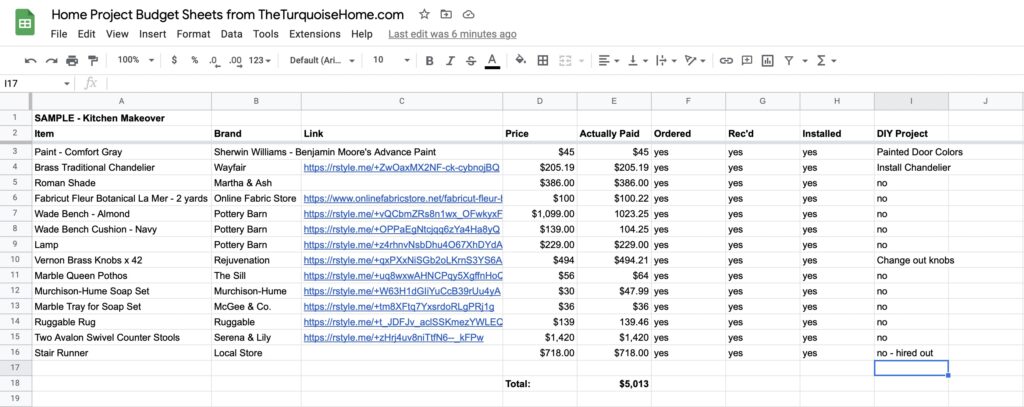 Budget Spreadsheet for Home Projects