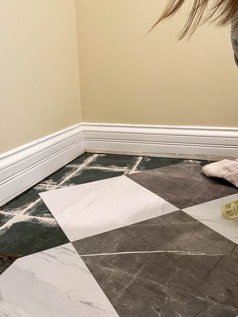 3 hacks for peel & stick flooring + diy beige & white marble checkered  floor