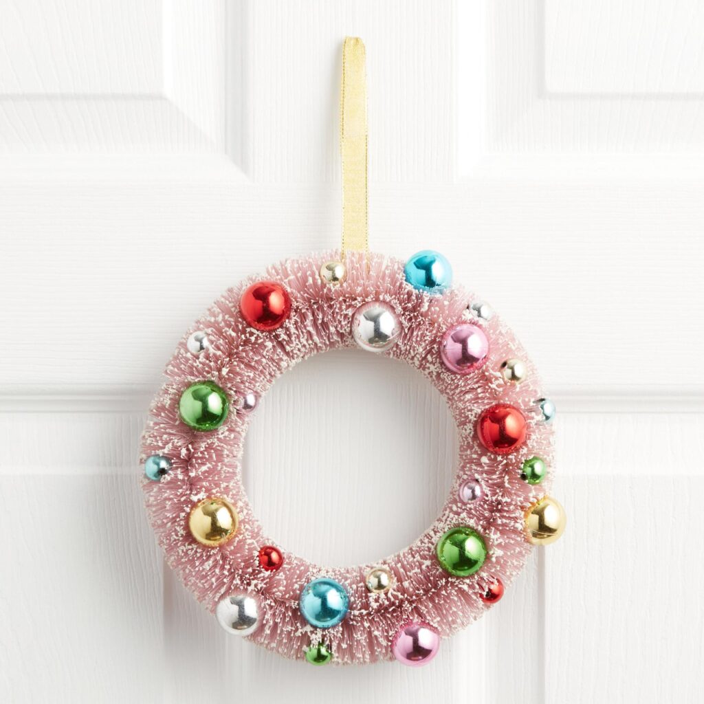 pink bottlebrush wreath with ornaments