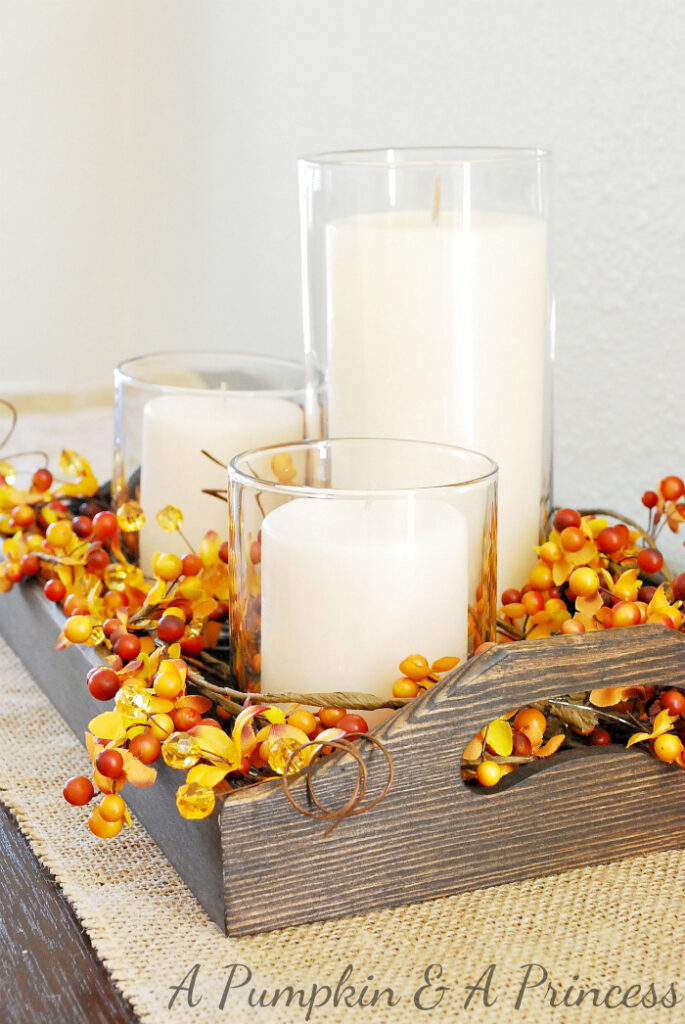 Tray decorated for fall with foliage and candles