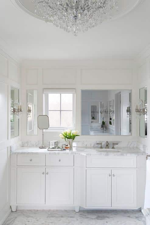 Benjamin Moore White Dove Bathroom Cabinets with Calacatta Marble Countertops