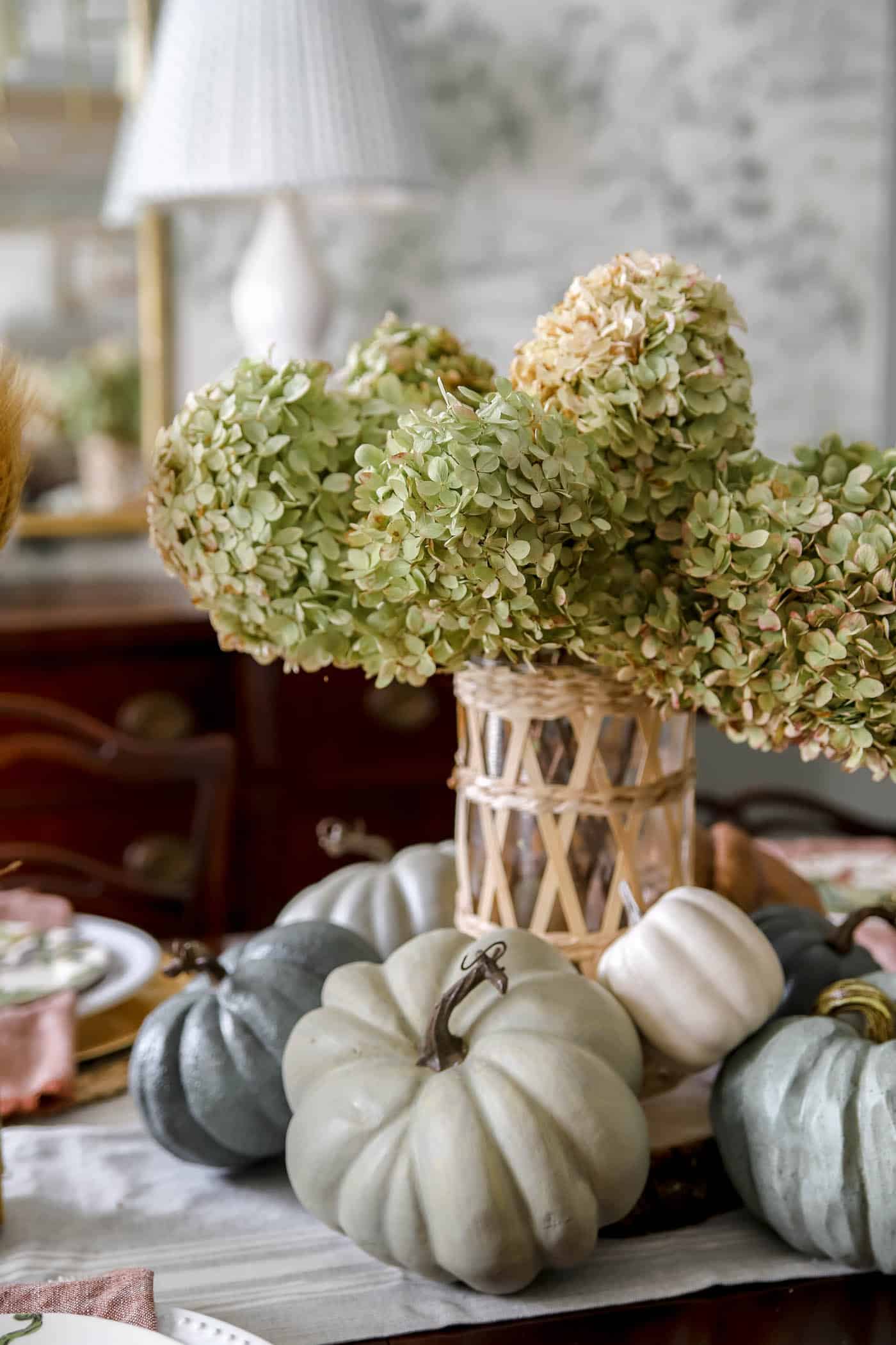 fall tablescape with dried hydrangea centerpiece.