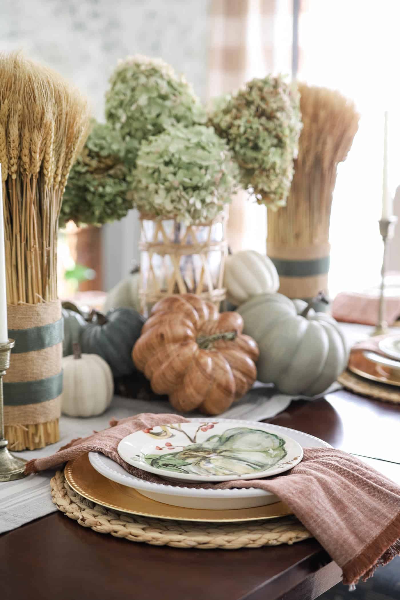 Wheat Wreath Embroidered Dinner Napkins, Thanksgiving Table Decor