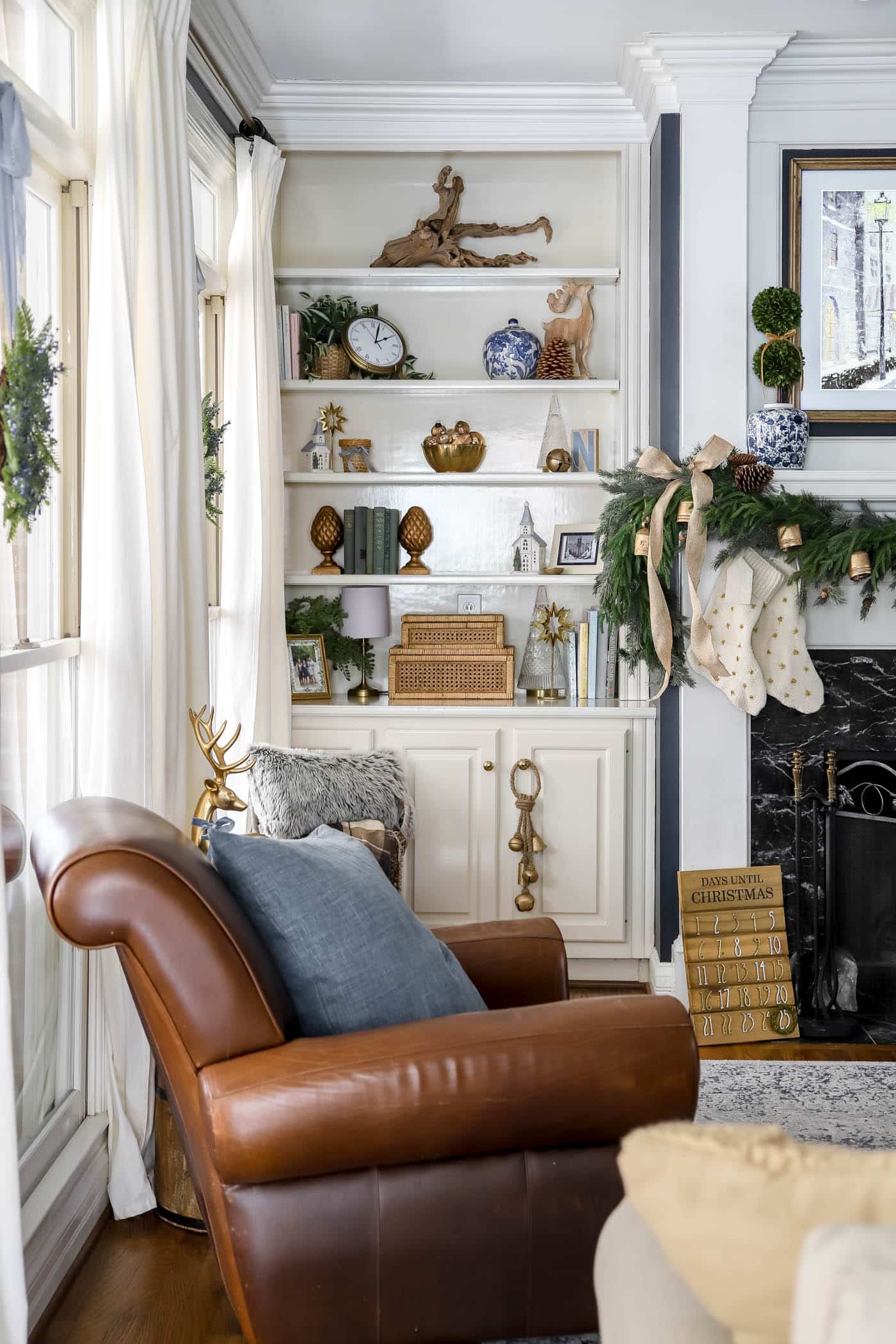 Blue and White Christmas Built-in Bookshelves