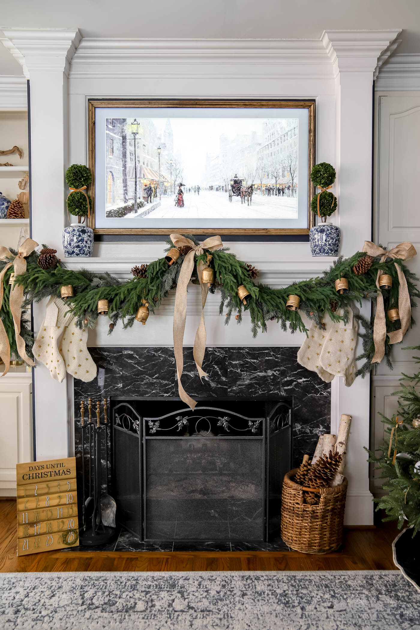 Blue and White Christmas Decor on the Mantel