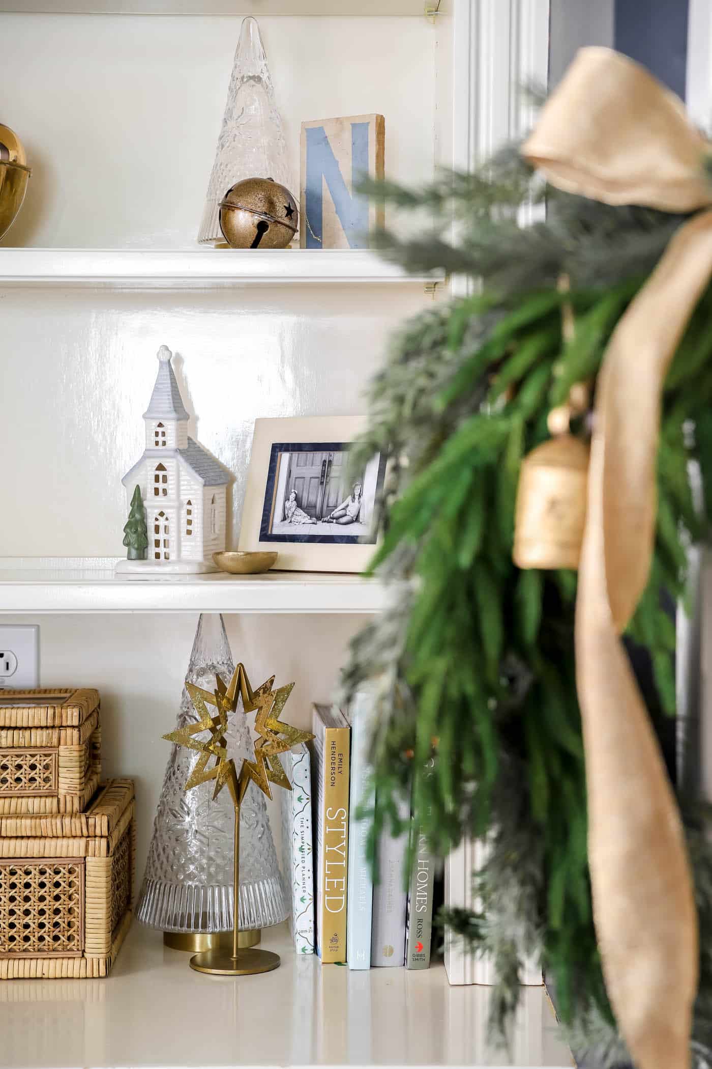 Blue and White Christmas Built-in Bookshelves