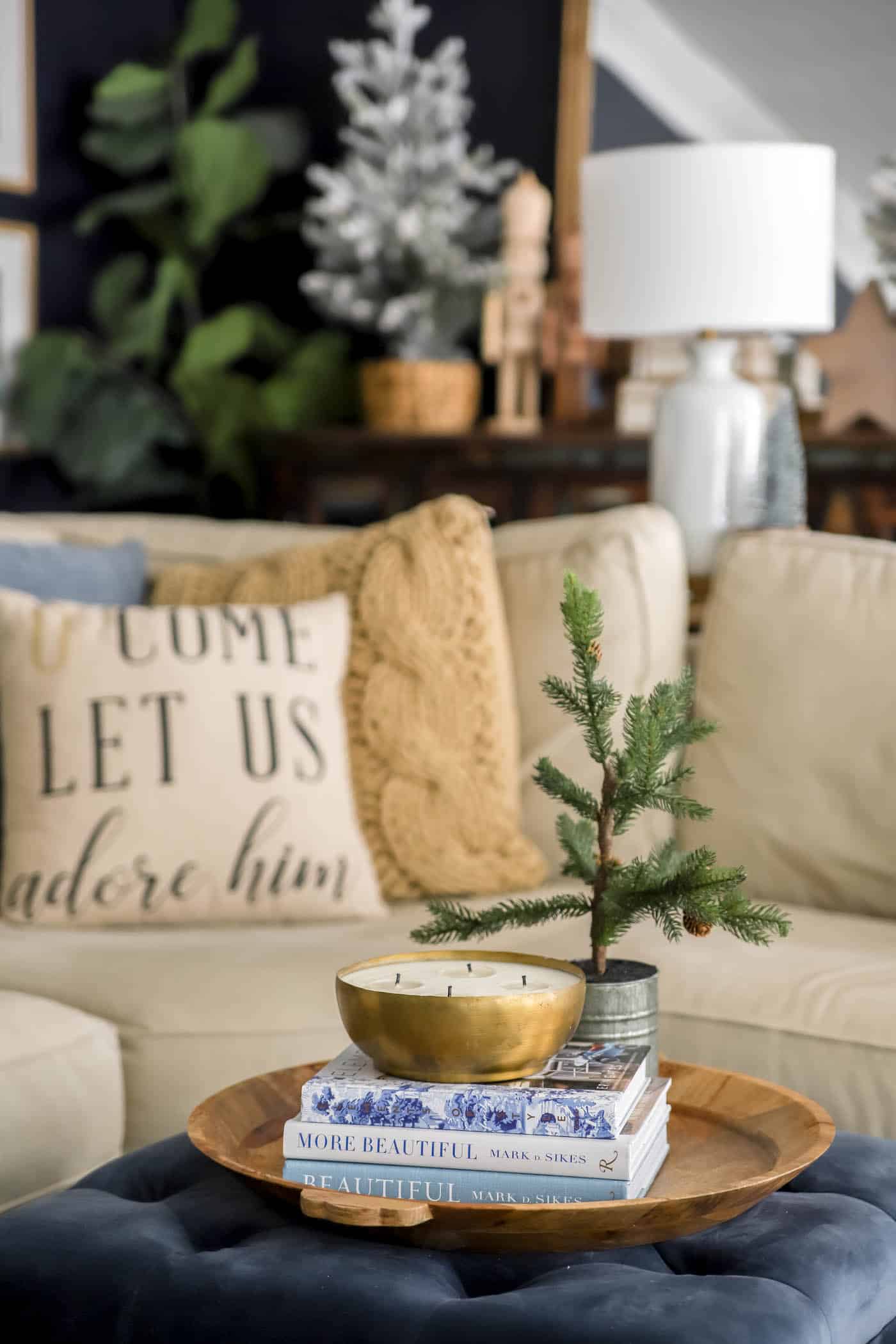 Brass Bowl Candle in Christmas Living Room