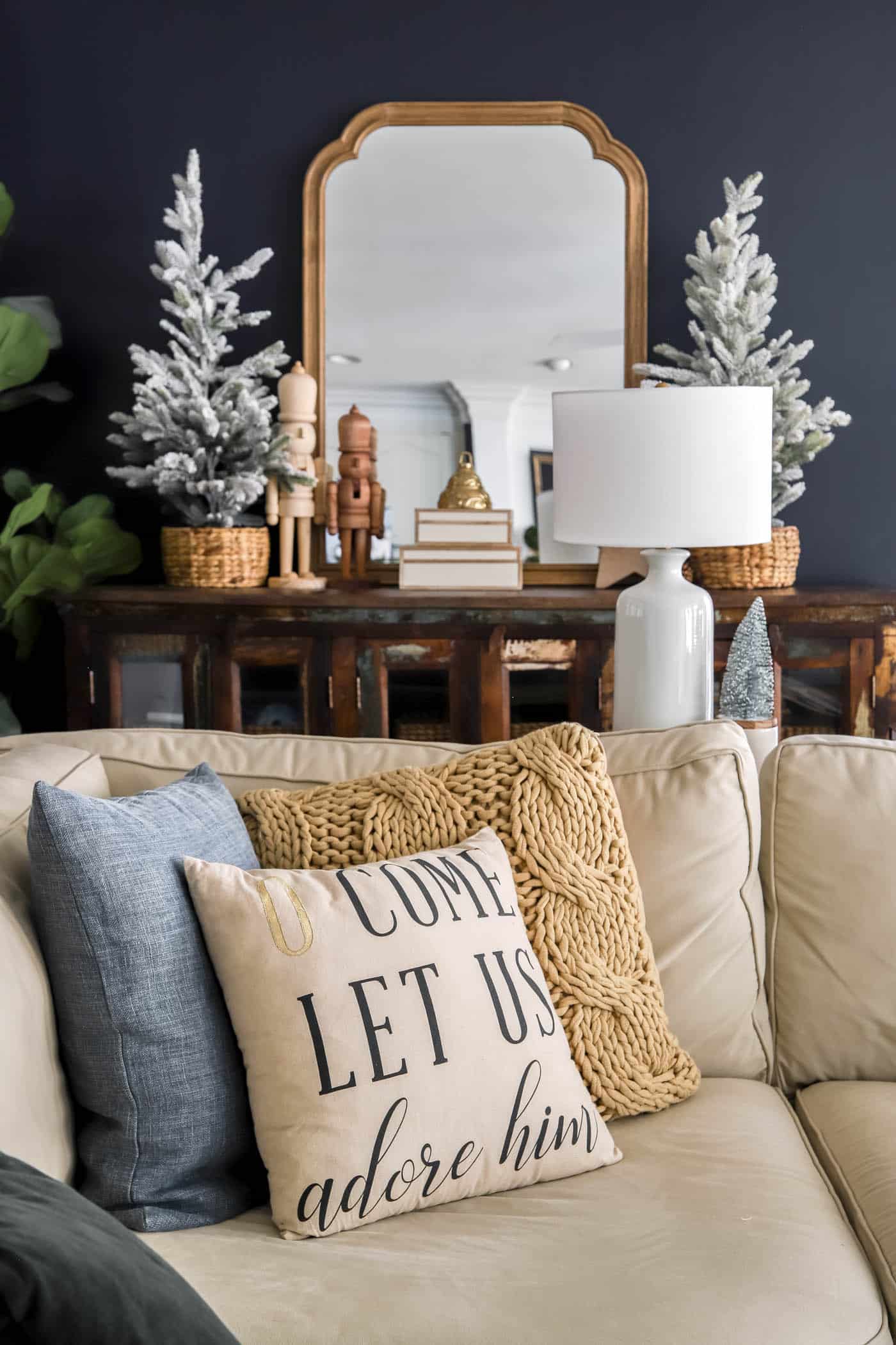 Christmas Decorated Media Cabinet in Navy Living Room