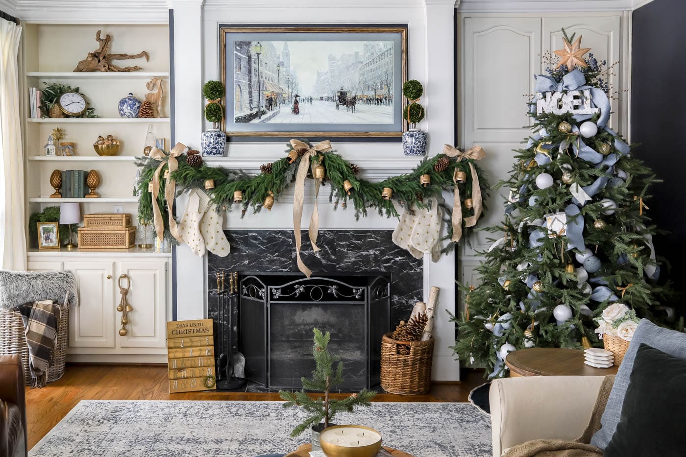 Blue and White Christmas Decor in the Living Room