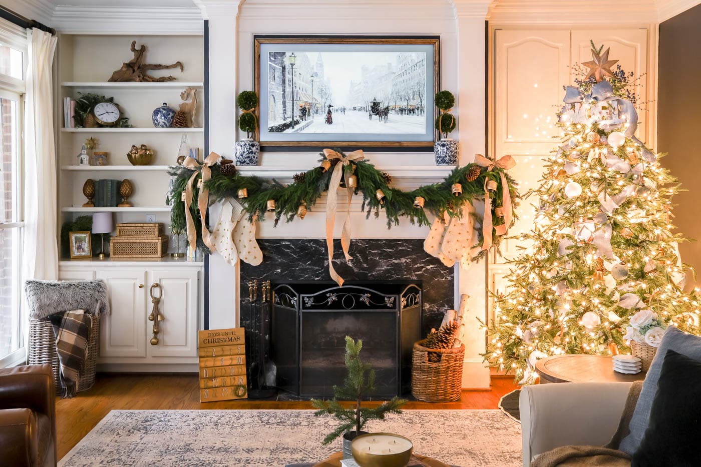 Gold, Blue and White Christmas Living Room