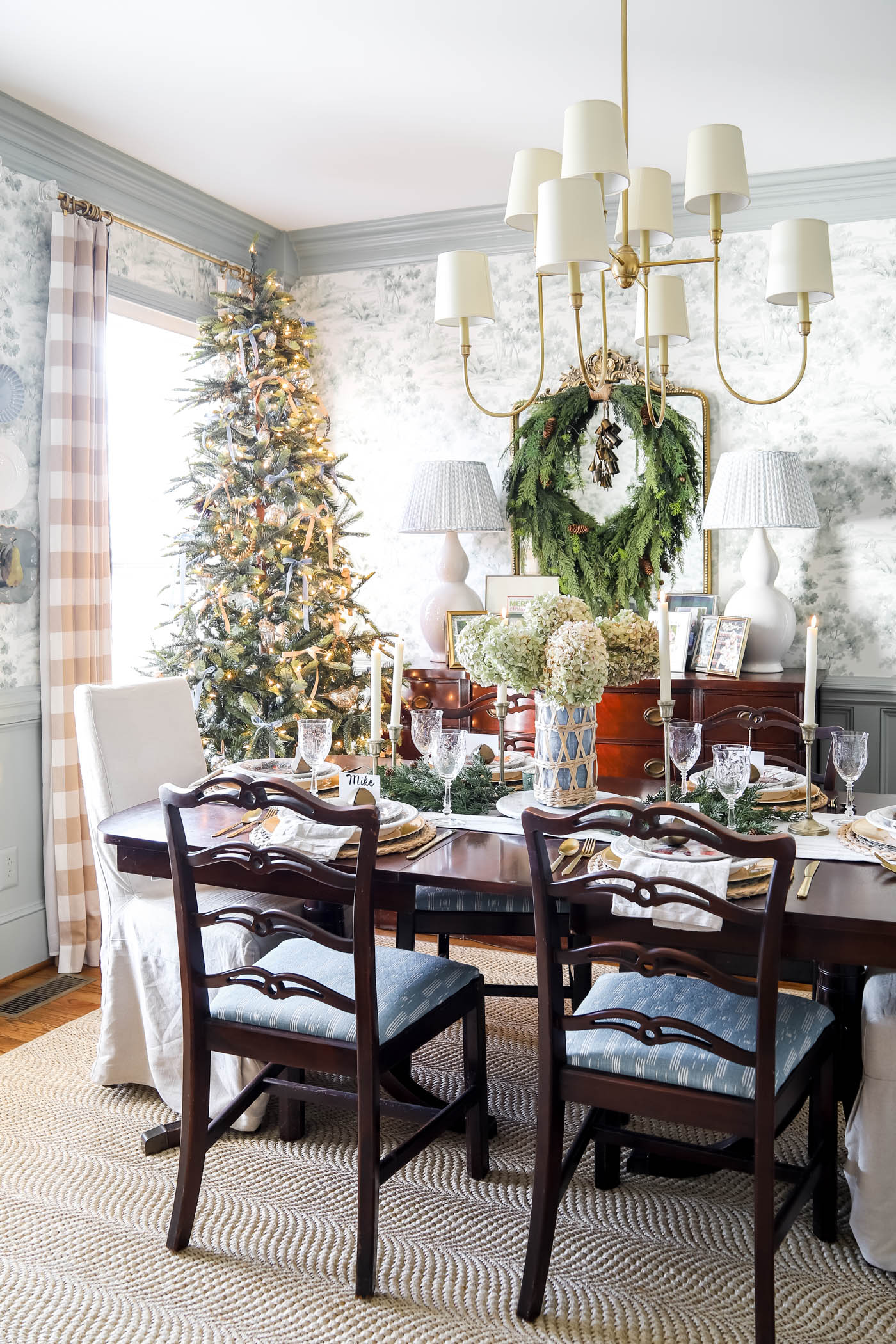 traditional blue and green Christmas dining room