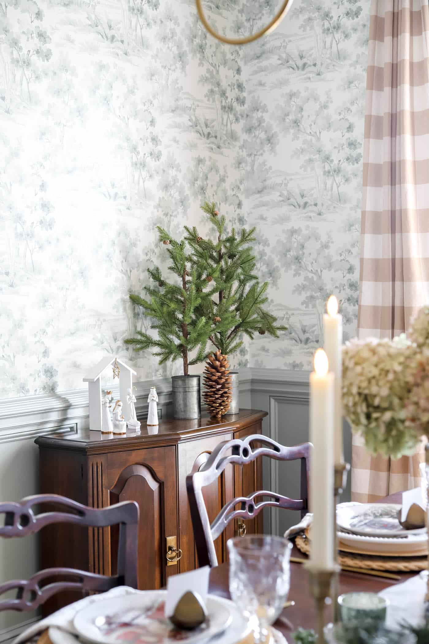 white nativity scene in dining room