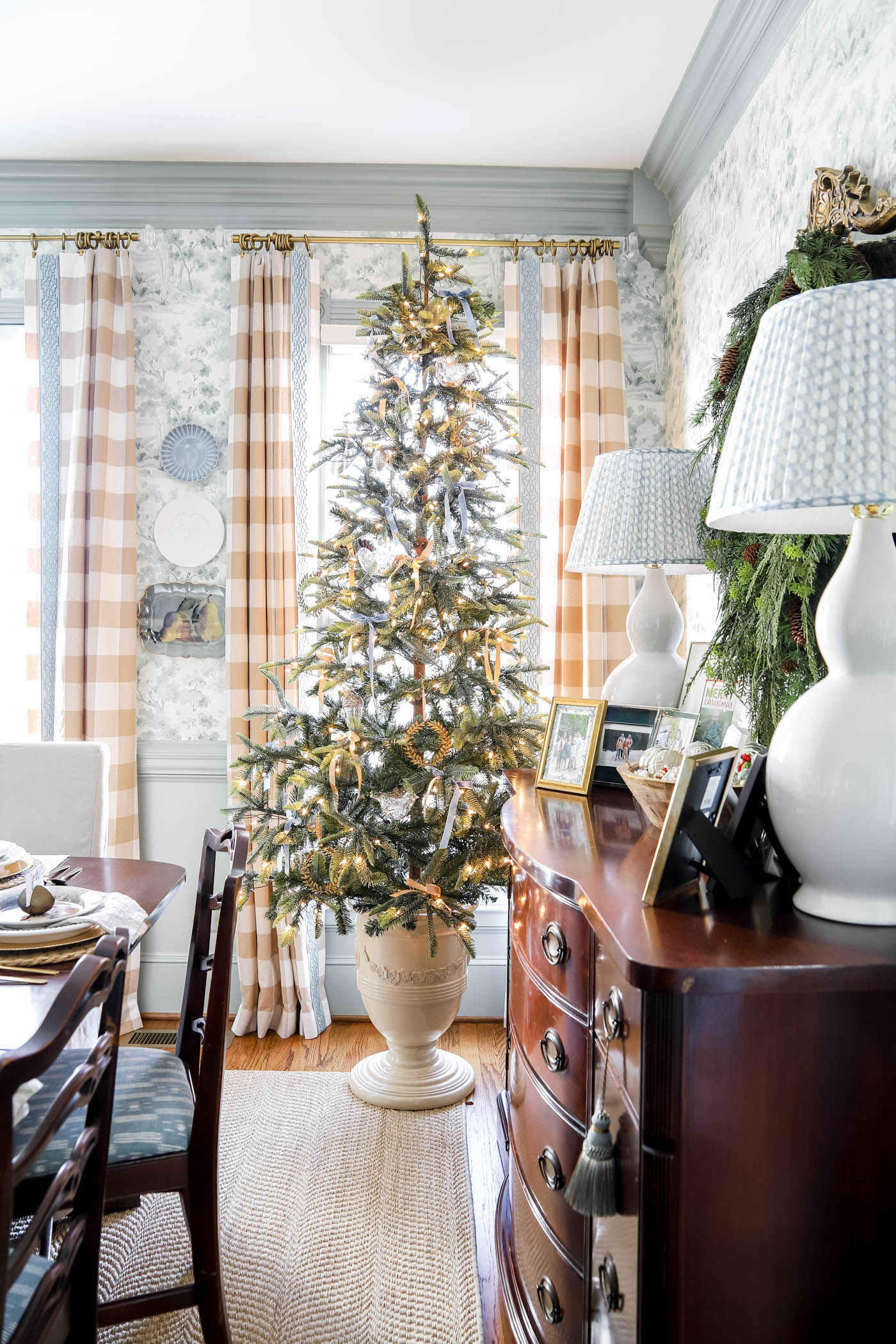 sparse christmas tree in dining room