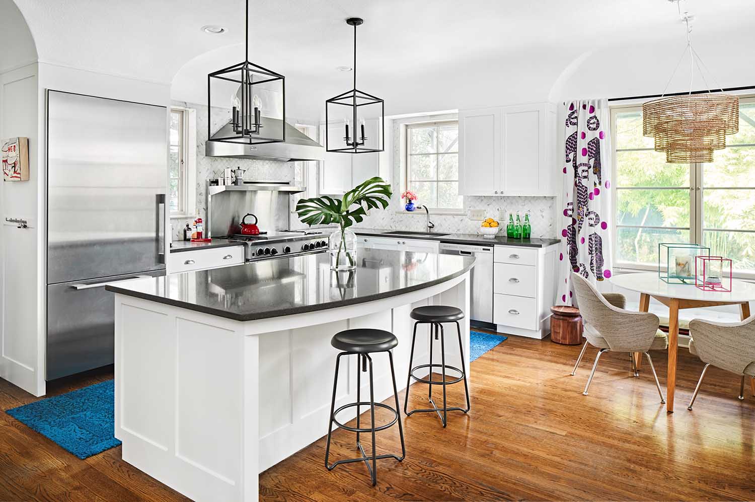 bright white kitchen with splashes of colorful accents