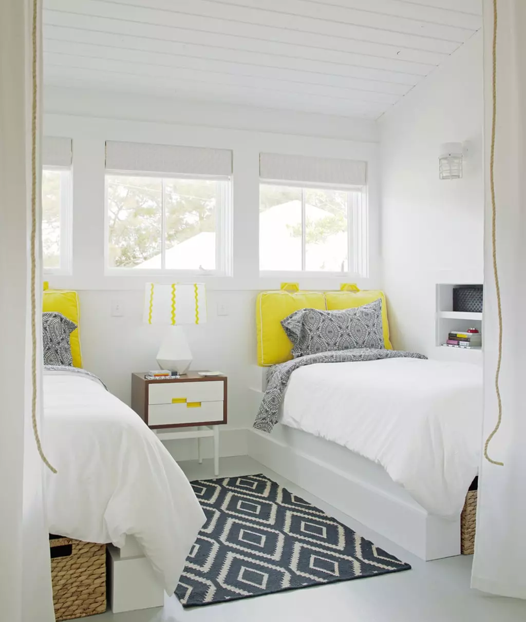 bedroom with twin beds and walls and ceiling painted in SW Extra White