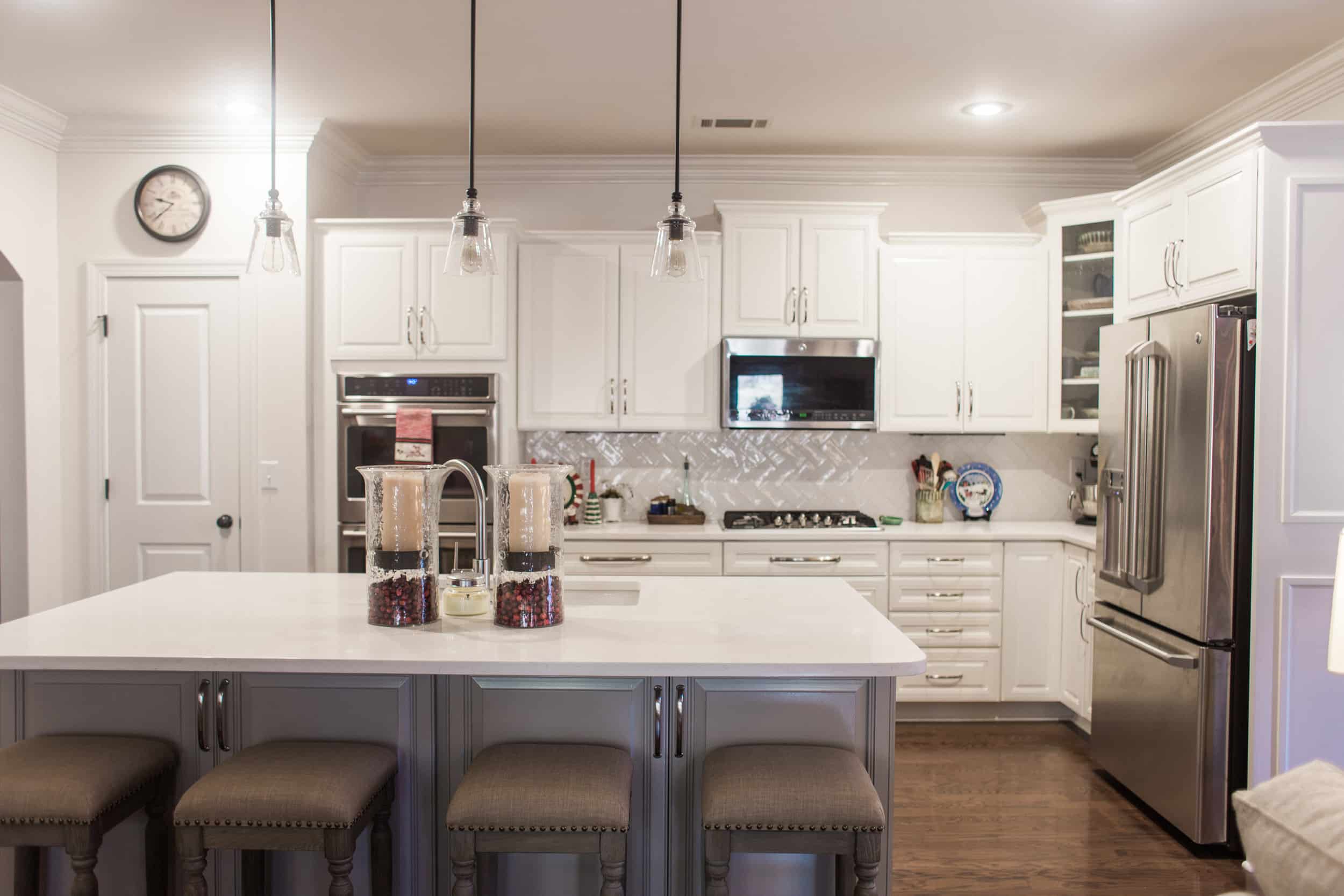 neutral paint colors featured in large kitchen including BM Sea Pearl 