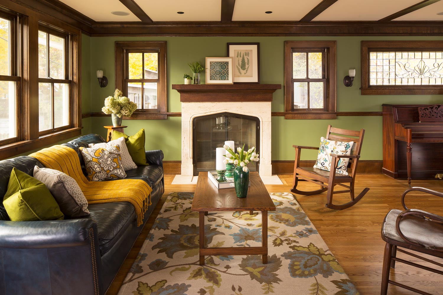 green painted walls with wood trim