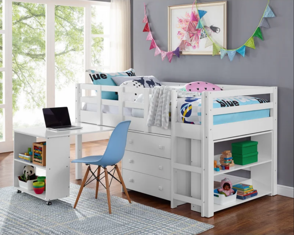 multi functional raised bed with storage and a desk
