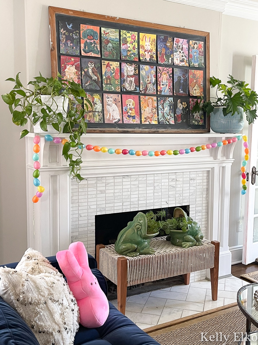 spring mantel with DIY egg garland