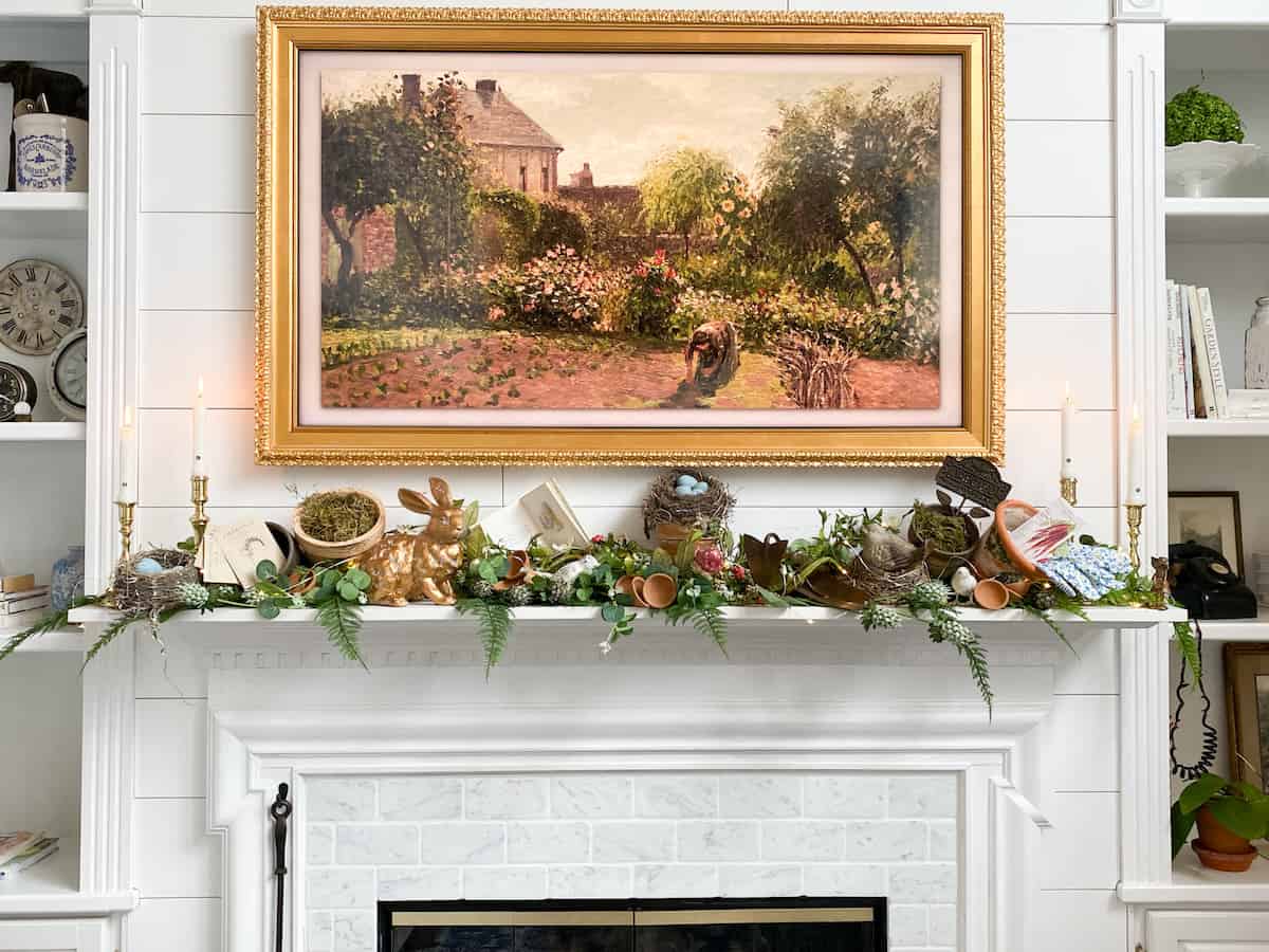 whimsical gardening spring mantel
